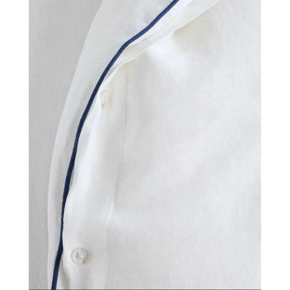 Quince European Linen Piped Duvet Cover Set Full Queen White Navy $184 Retail